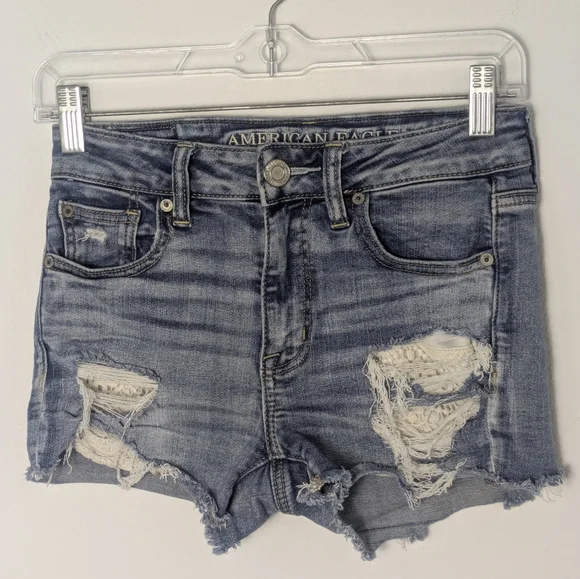 American Eagle Hi Rise Shortie Shorts 0 Distressed Next Level Stretch Women Lace - Picture 2 of 16